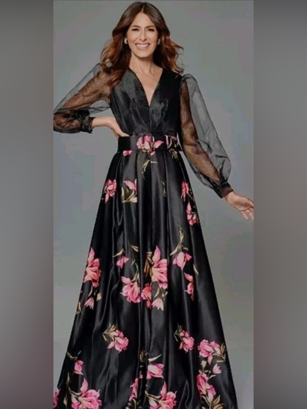 Betsy & Adam Black Maxi Dress with Pink Floral Print - Picture 5 of 11